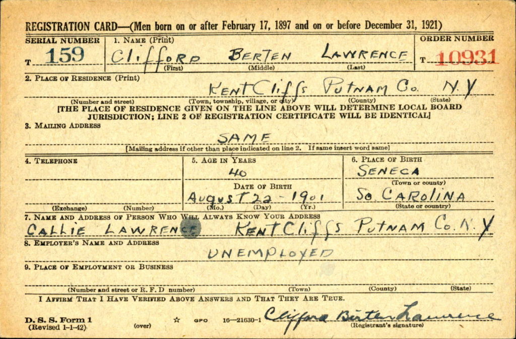Clifford Lawrence WII Draft Registration Card