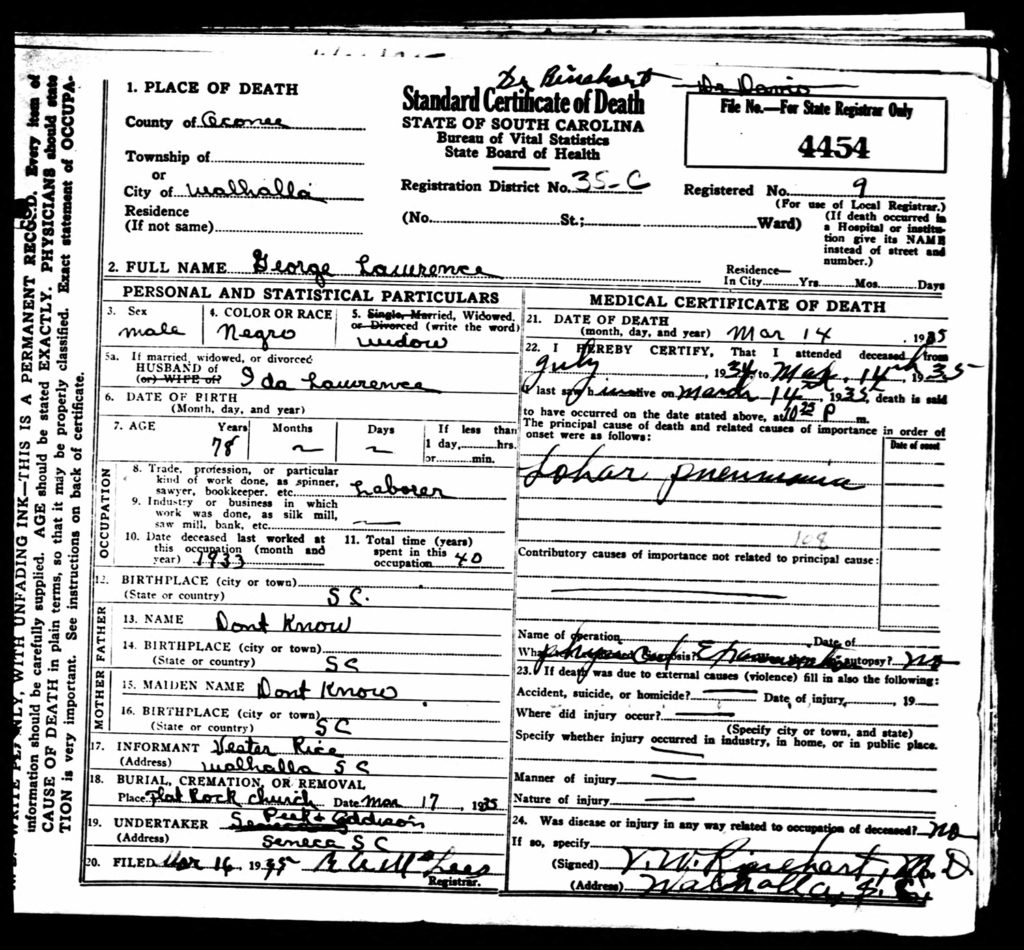 George Lawrence's Death Certificate