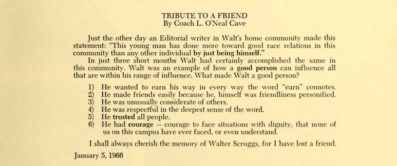 A tribute to Walter Scruggs by Coach L. O'Neal Cave from the 1966 Piedmont College yearbook.