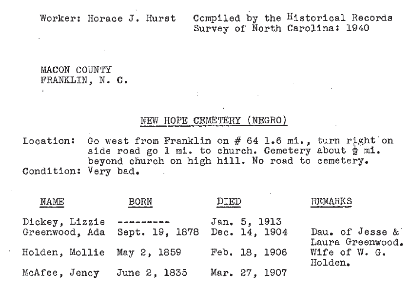 1940 Works Progress Administration Cemetery Survey of New Hope Cemetery in Franklin, Macon County, North Carolina.