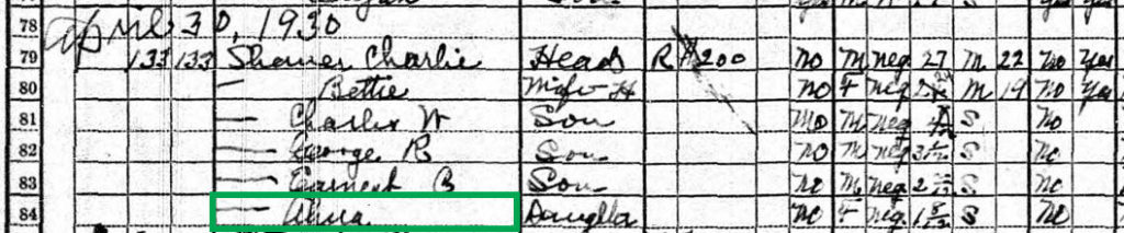 A 1930 Census in Franklin, Macon County, North Carolina showing Alma Chavis and her family.