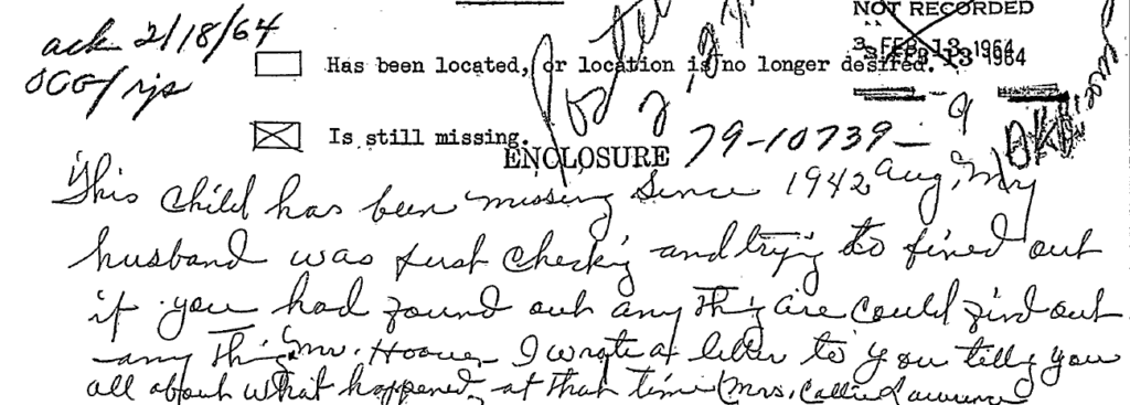 A screenshot from the FBI file containing information about Alden's case. 