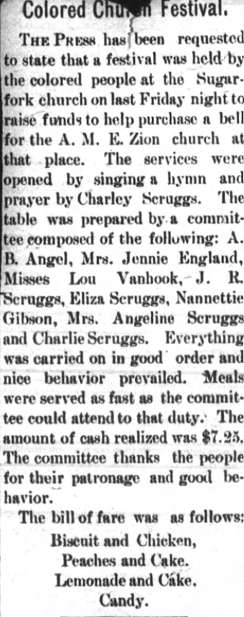 A newspaper column highlighting a festival held by the Black community at Sugarfork Church to raise funds to purchase a bell for the A.M.E. Zion church.