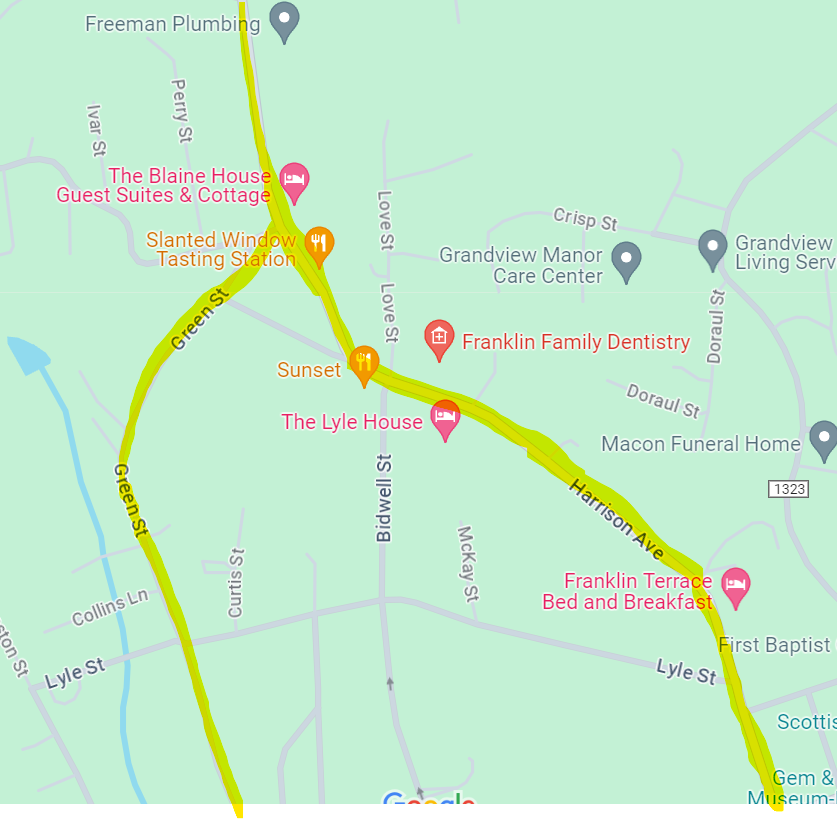 A screenshot from Google Maps showing Harrison Ave and Green St in Franklin, Macon County, North Carolina in 2024.