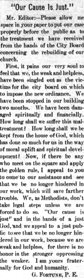 Newspaper article from The Franklin Press entitled "Our Cause Is Just," by G. Fortune. Published on July 26, 1905.