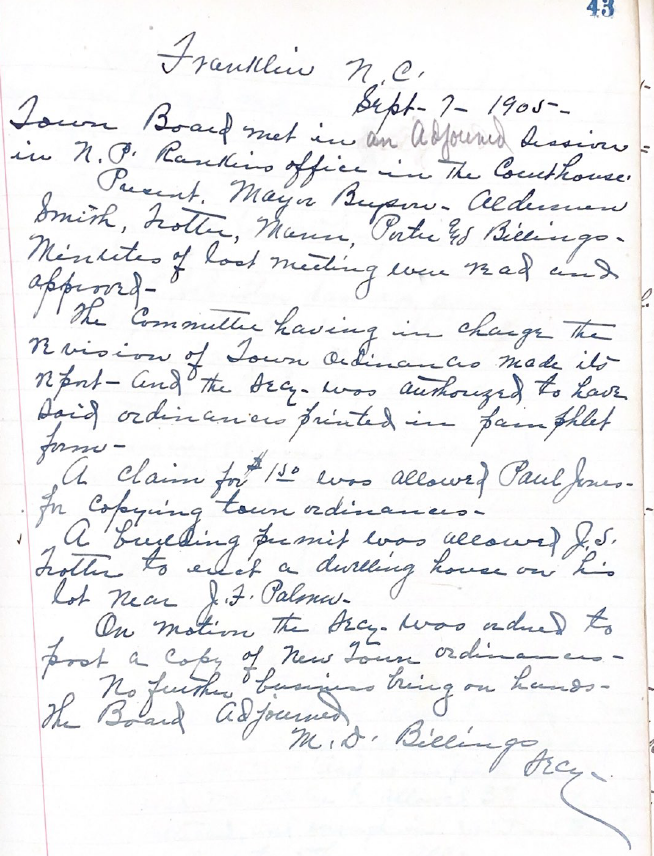 Town board meeting notes regarding a revised town ordinance. in Franklin, Macon County, North Carolina on September 7, 1905.